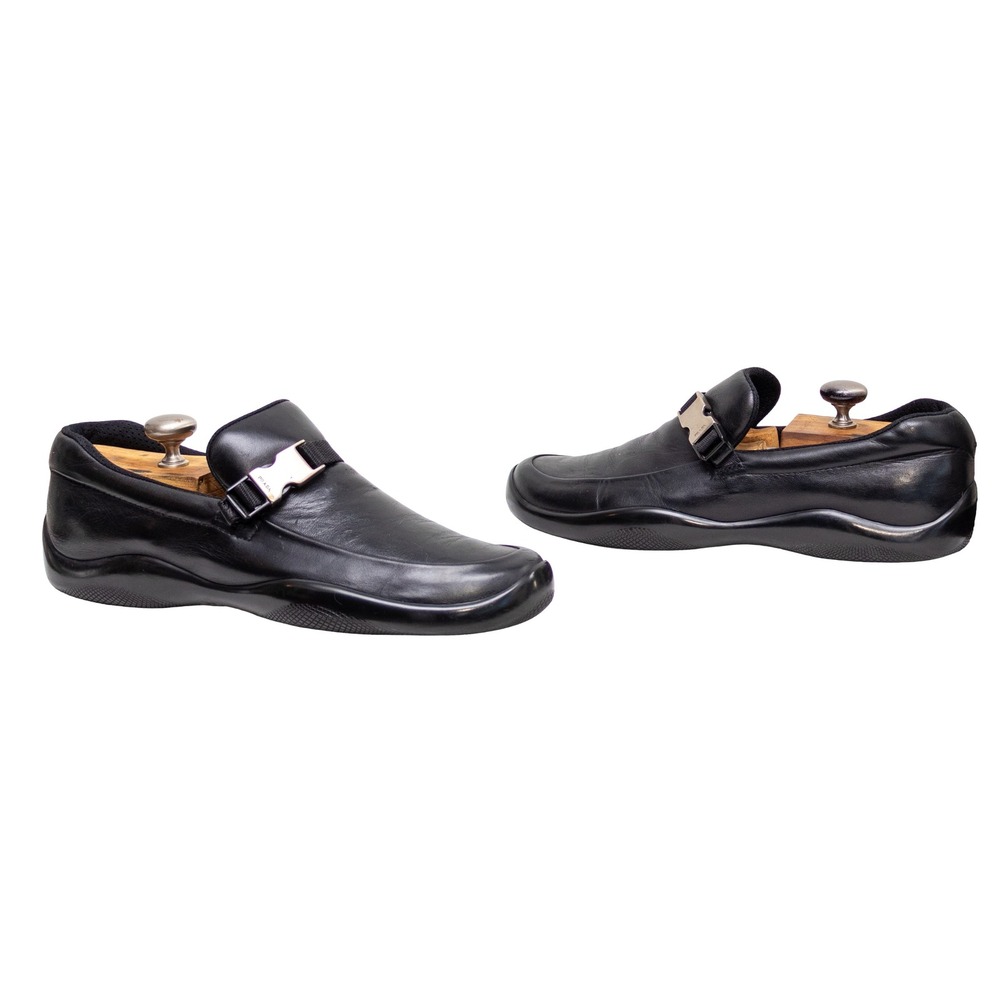 Vntg Prada Sport PS1187 Men Black Leather Buckle Loafers UK 9 US 10 Linea Rossa